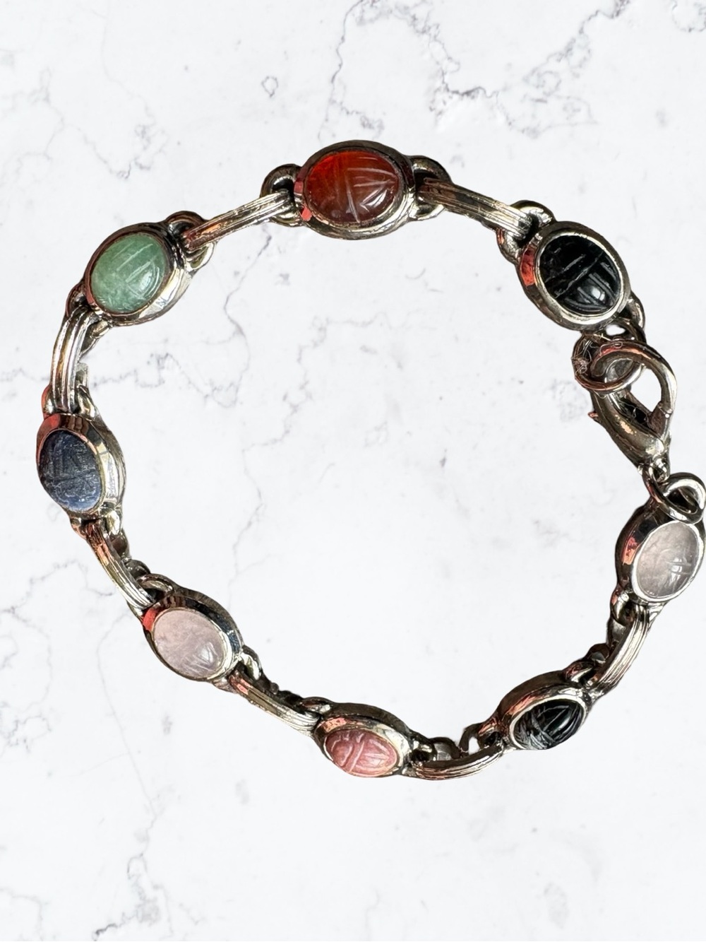 Egyptian Scarab Revival Multi-Color Scarab Link Bracelet - Silver Tone - Picture 4 of 4